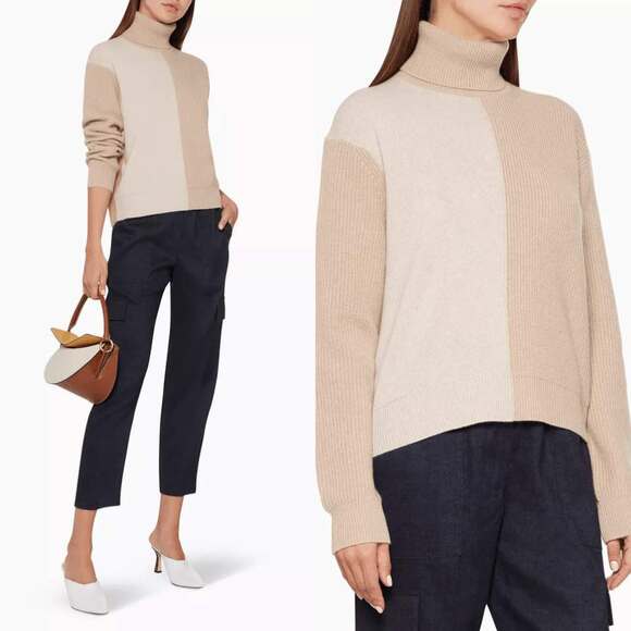 Theory Pale Camel Colorblock Cashmere Turtleneck Sweater $495 Size M Medium - Picture 1 of 6
